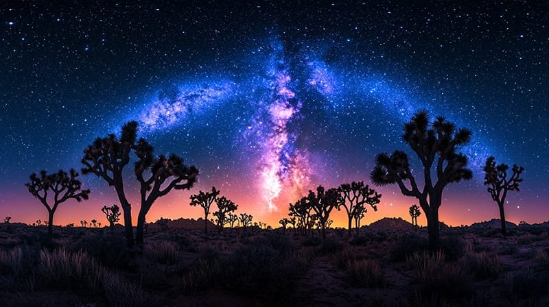 A starry night sky, adorned with shimmering stars and the Milky Way, stretches above silhouetted Joshua trees in a tranquil desert landscape.