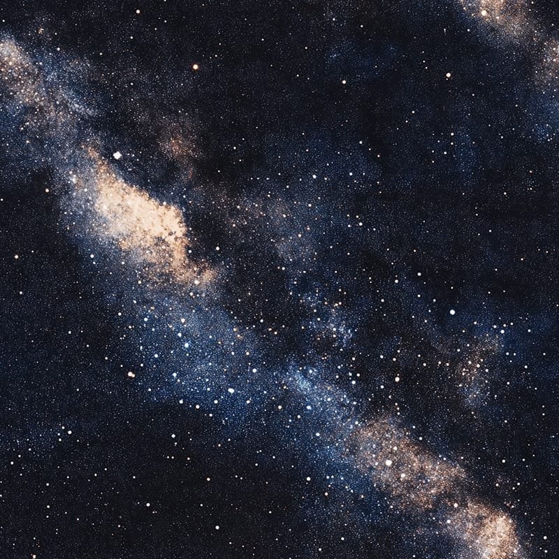 A starry night sky with a dense constellation of stars casts a speckled pattern across the dark blue-black background, while a prominent bright nebula adds to the celestial splendor.