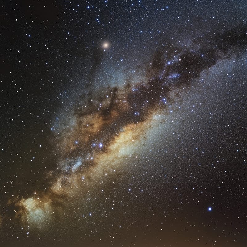 A view of the Milky Way galaxy reveals a captivating tapestry of dense star clusters and dark dust lanes stretching gracefully across the night sky.