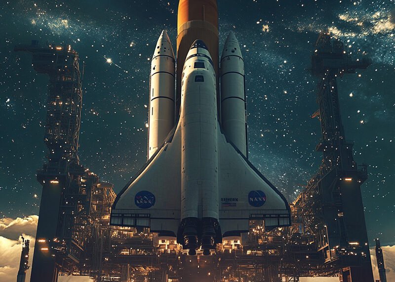 A NASA space shuttle prepares for launch at night, with a starry sky and launch pad structures surrounding it.