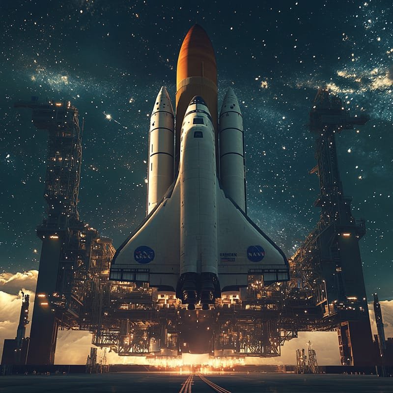 A NASA space shuttle prepares for launch at night, with a starry sky and launch pad structures surrounding it.