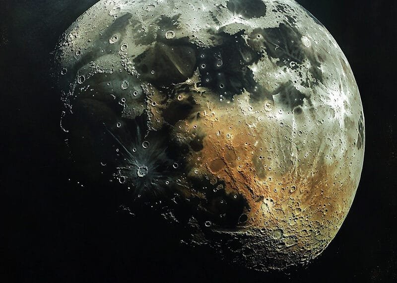 Artistic depiction of a detailed, textured view of the moon with dark and bright craters showcasing subtle hints of moon rusting against a black background.