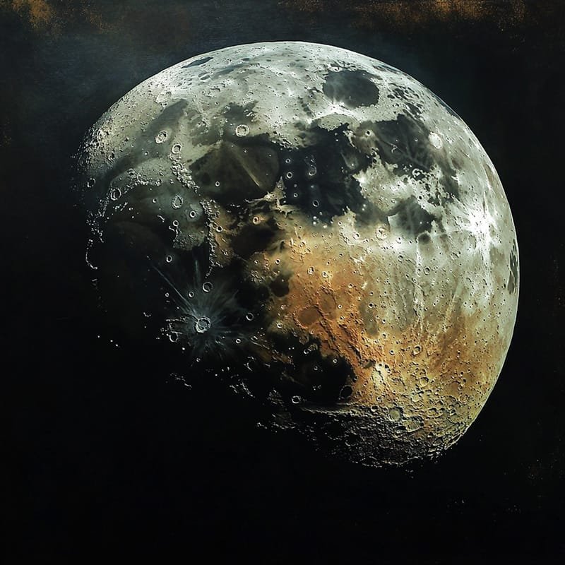 Artistic depiction of a detailed, textured view of the moon with dark and bright craters showcasing subtle hints of moon rusting against a black background.