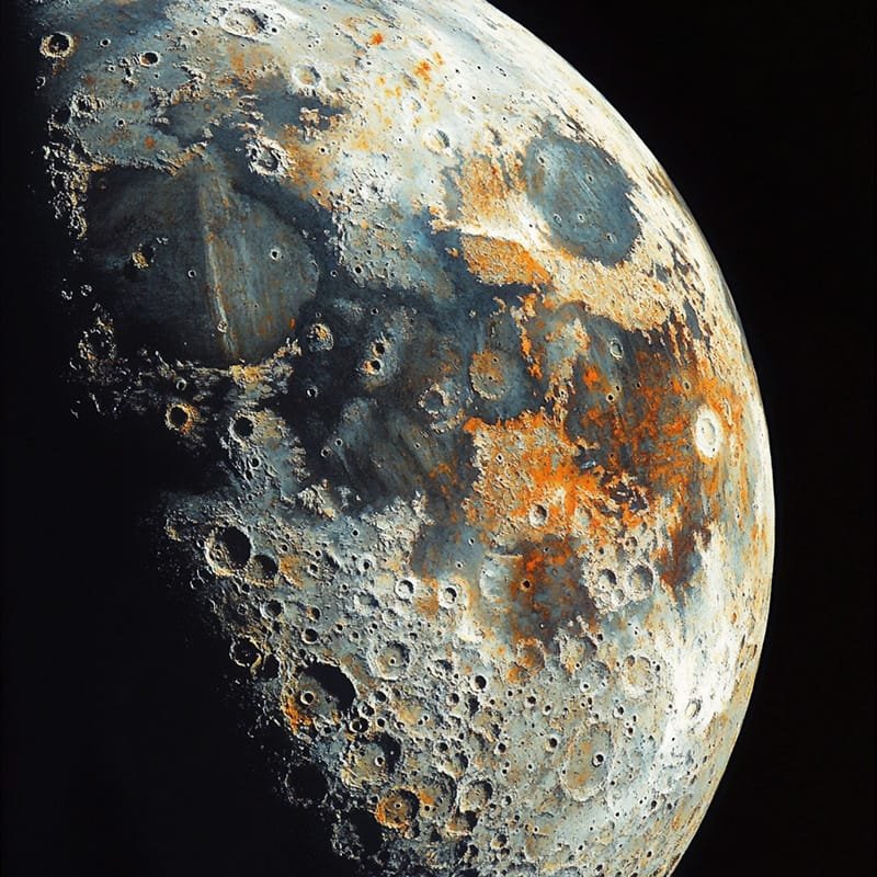 Color-enhanced close-up image of the Moon's surface shows craters and geological features in hues of blue, orange, and gray against a black background, hinting at the possibility of moon rusting.