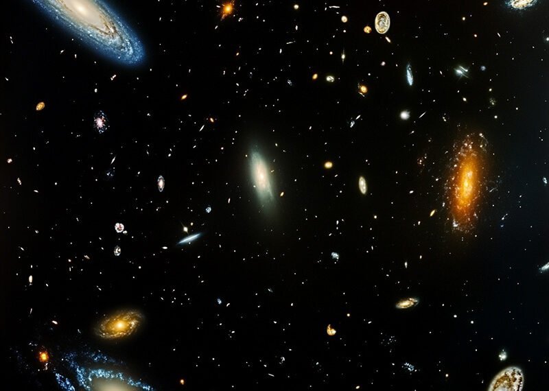 A vast, colorful galaxy cluster with various spiral and elliptical galaxies scattered against a dark background, captured in stunning detail by the James Webb Space Telescope.