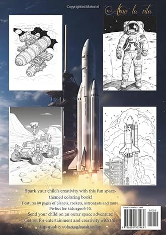 The "Amo la vita Coloring Book For Kids 6-10 Age Space" showcases a lively space-themed cover with images of space stations, rockets, spaceships, planets, astronauts, and more. Ideal for young adventurers who are excited to explore the universe through coloring.