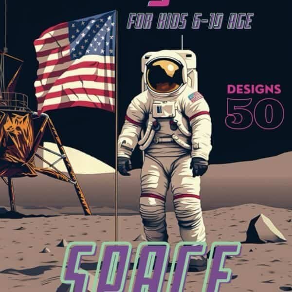 Cover of a children's outer space-themed coloring book showcasing an astronaut on the moon, a towering rocket, and the American flag. The lunar module glistens beneath nearby planets. Text: "Amo la vita Coloring Book For Kids 6-10 Age Space: Outer Space Coloring with Space Stations, Rockets, Spaceships, Planets, Astronauts and More!