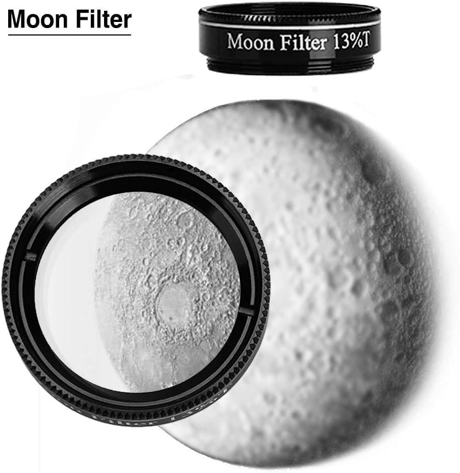 A 13% moon filter is displayed overlapping an image of the moon's surface, accentuating its craters using the Polaris 130EQ Newtonian Telescope.