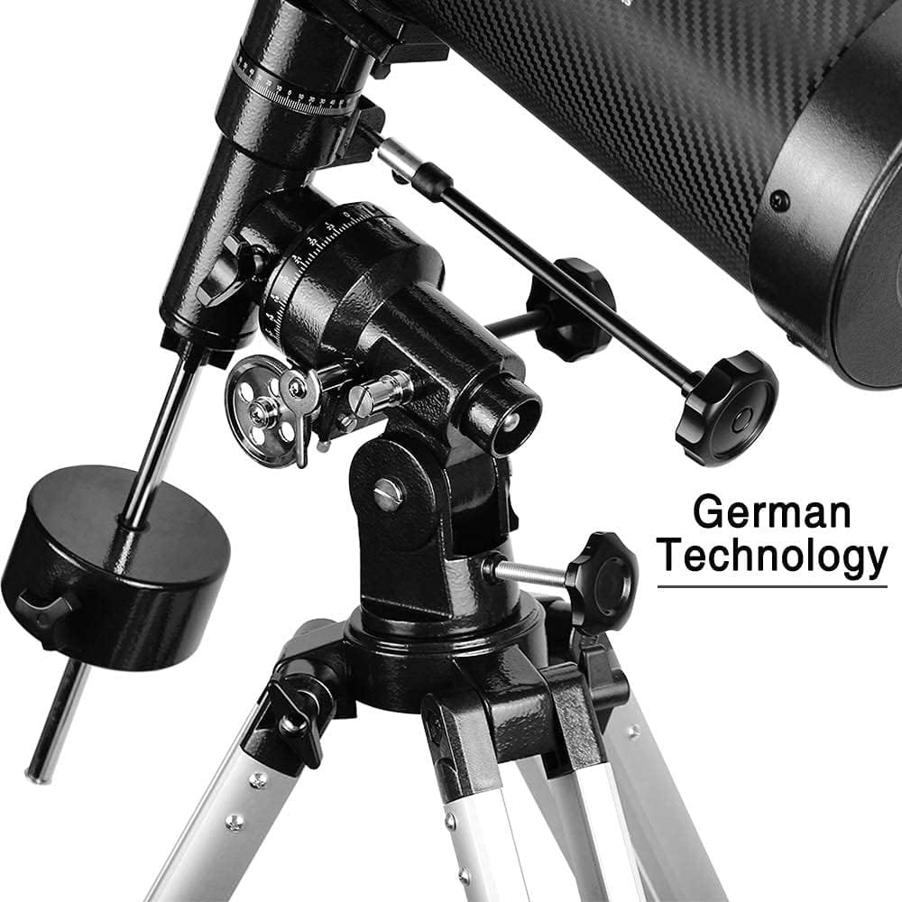 Zoomed in on a mount for the Polaris 130EQ Newtonian Telescope, showcasing its German Technology label. Highlights include adjustable knobs, a support bar, and a tripod base—ideal for enthusiasts of this model seeking precision and stability.