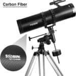Discover the Polaris 130EQ Newtonian Telescope, designed with a carbon fiber appearance and equipped with a mount and tripod. The Solomark logo elegantly adorns the tube, enhancing its sleek look as you explore celestial marvels from Polaris to distant galaxies.