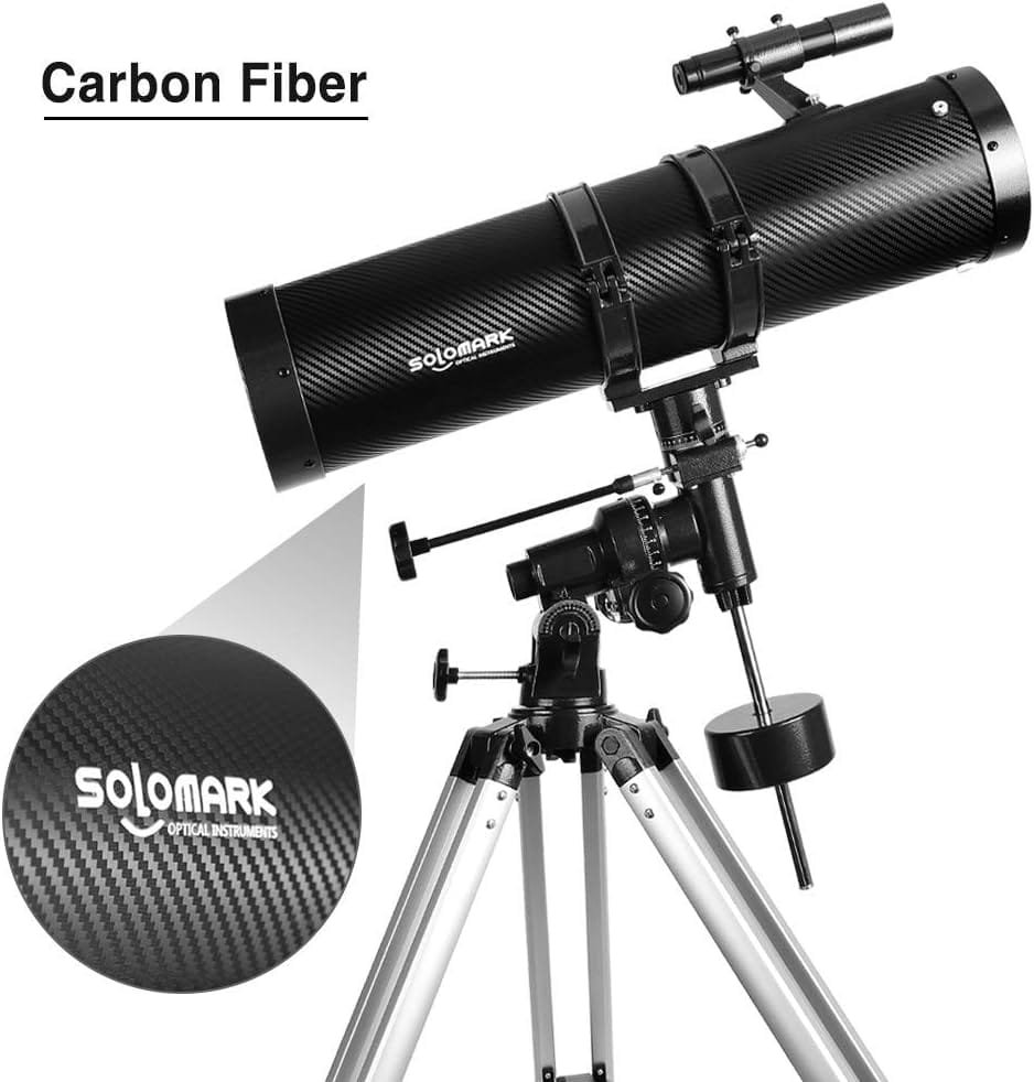 Discover the Polaris 130EQ Newtonian Telescope, designed with a carbon fiber appearance and equipped with a mount and tripod. The Solomark logo elegantly adorns the tube, enhancing its sleek look as you explore celestial marvels from Polaris to distant galaxies.