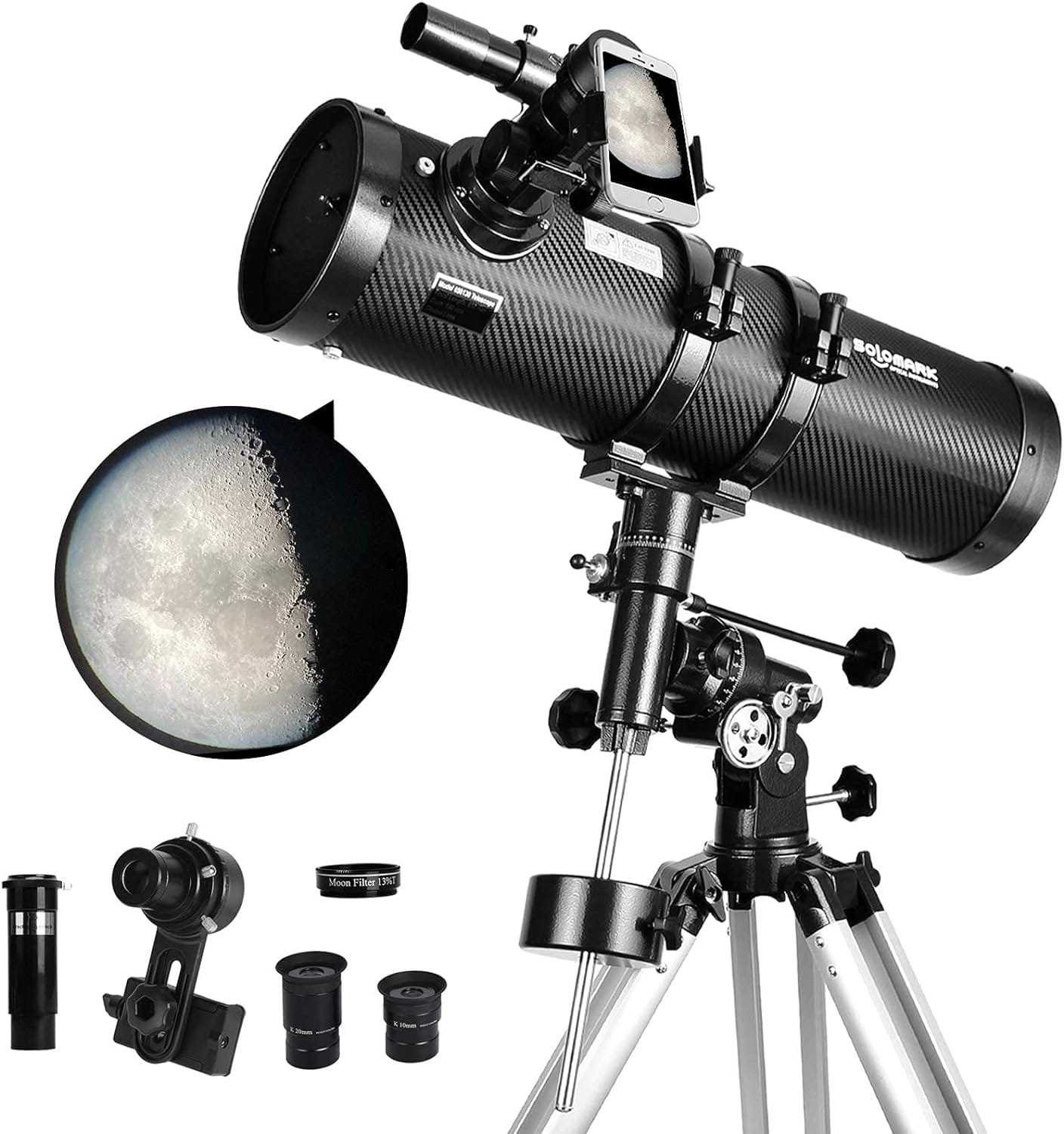 The sophisticated Polaris 130EQ Newtonian Telescope, in a sleek black design, stands elegantly on its tripod with a selection of lenses beside it. Adjacent to the setup, there's a close-up image showcasing the moon's surface in stunning detail.