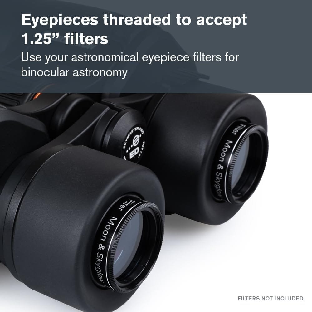 Close-up of binoculars with threaded eyepieces for 1.25” filters, highlighted for use in astronomical observations. Text states "Filters not included.