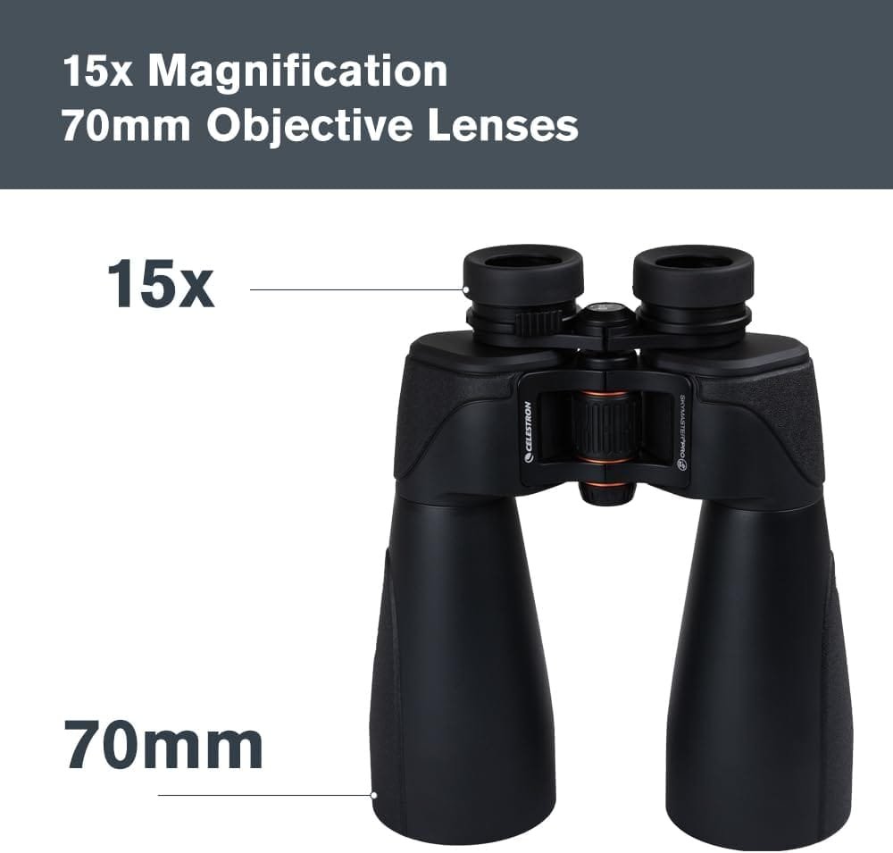 Black binoculars with 15x magnification and 70mm objective lenses against a gray background with text indicating these specifications.