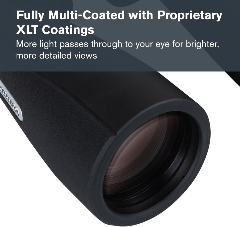 Close-up of a binocular lens with text describing it as fully multi-coated with proprietary XLT coatings for brighter and more detailed views.