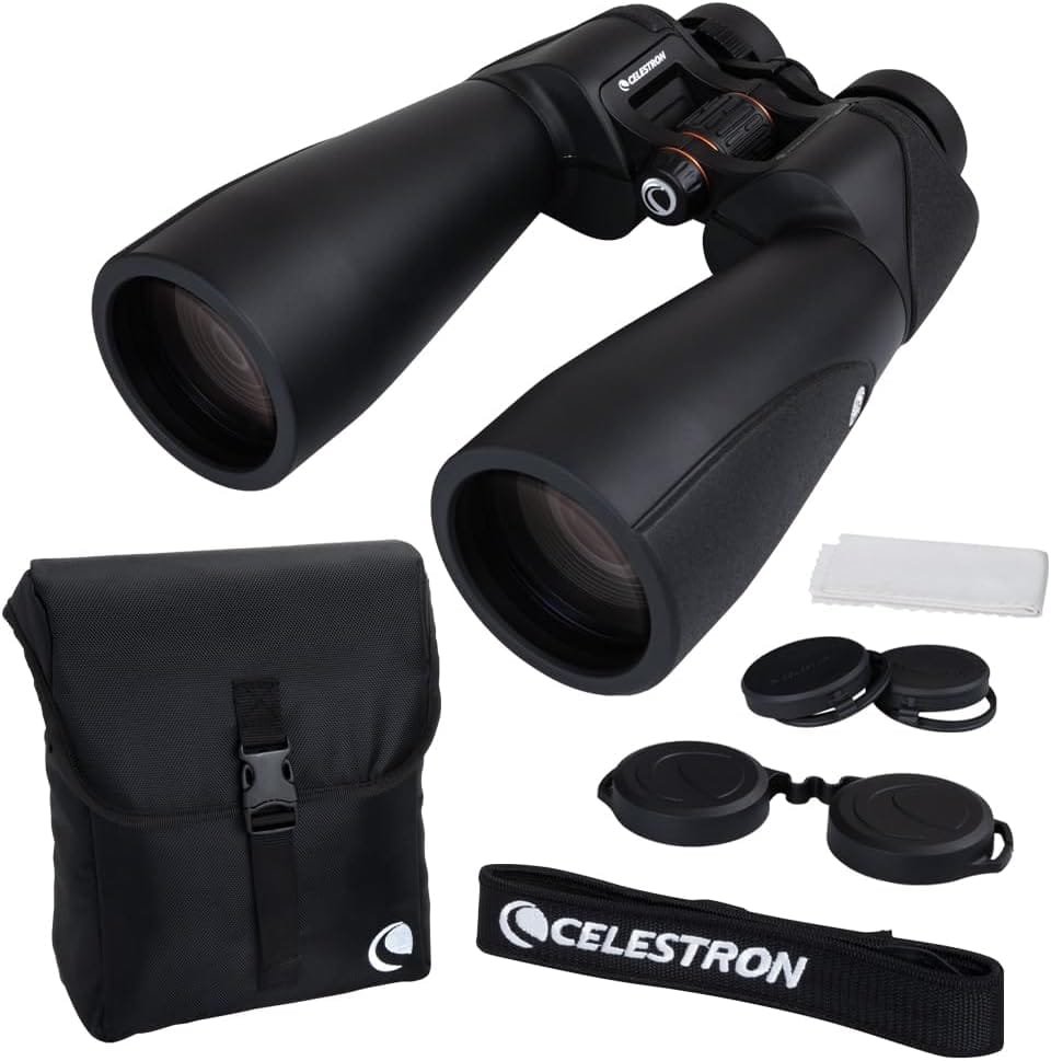 Black Celestron binoculars with lens caps, a cleaning cloth, bag, and branded strap, set against a white background.