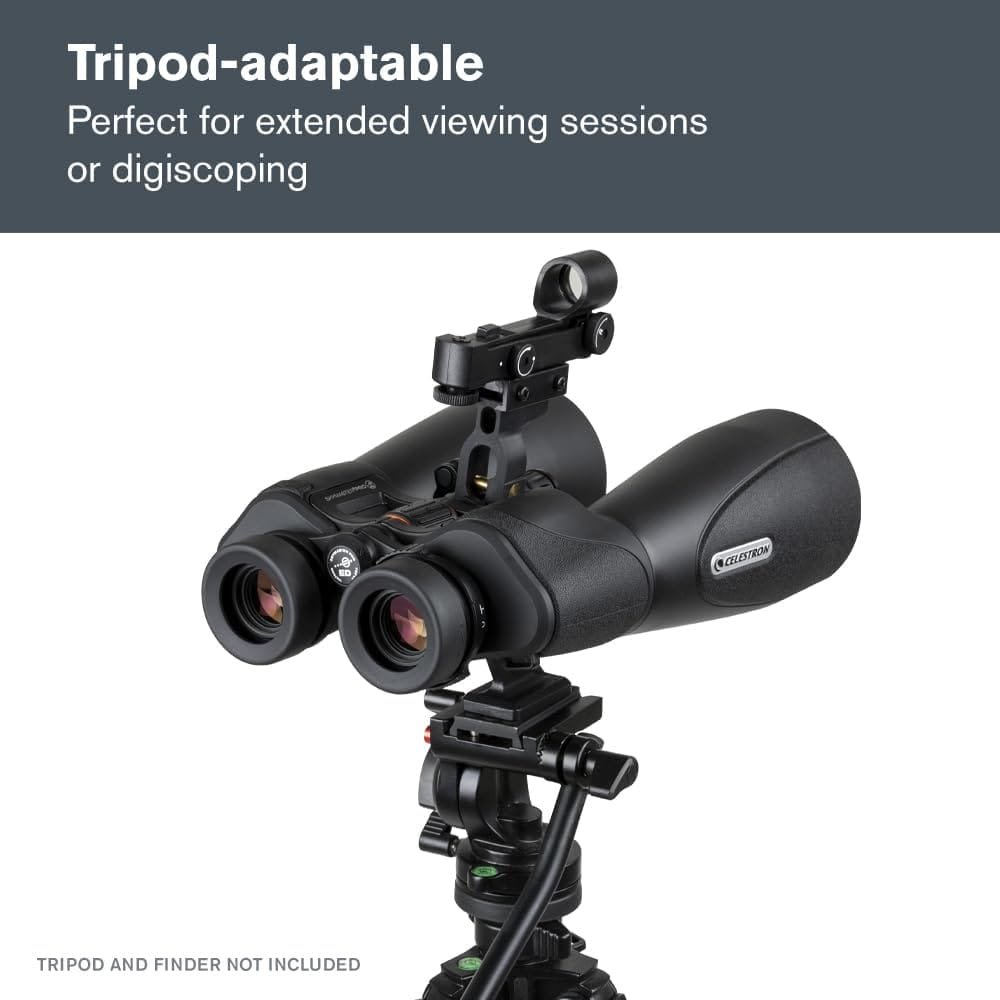 Close-up of a tripod-adaptable binocular mounted on a tripod stand with a text: "Perfect for extended viewing sessions or digiscoping." Tripod and finder not included.