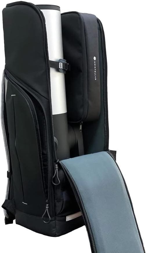 Black fabric carrying case with a partially opened front, revealing a telescope inside. The bag has side pockets and padded sections for protection.