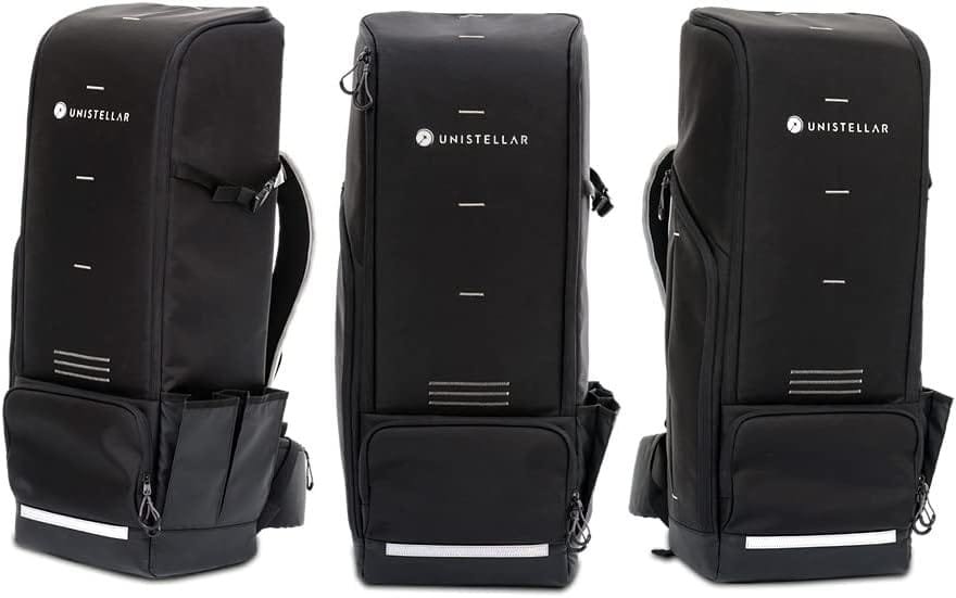 Three black Unistellar telescope backpacks shown from different angles, each with zippers and side pockets.