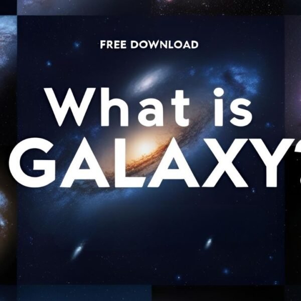 A captivating collage of diverse galaxies surrounds the bold text "FREE DOWNLOAD: What is GALAXY?" centrally placed, enticing viewers to explore cosmic wonders.