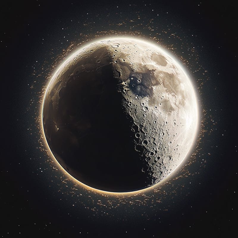 A highly detailed image of the moon displays its craters and the contrast between illuminated and shadowed regions, enhanced by subtle glowing particles surrounding this celestial body.