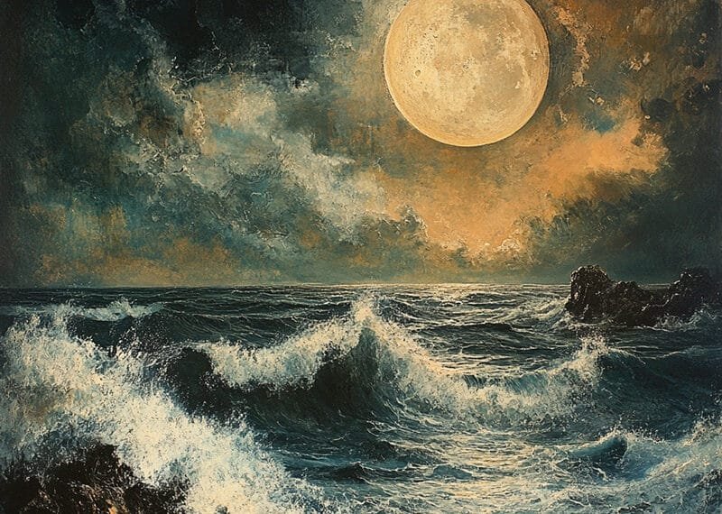 A large, luminous moon casts its glow over a turbulent sea, with crashing waves and dark clouds swirling across the night sky.
