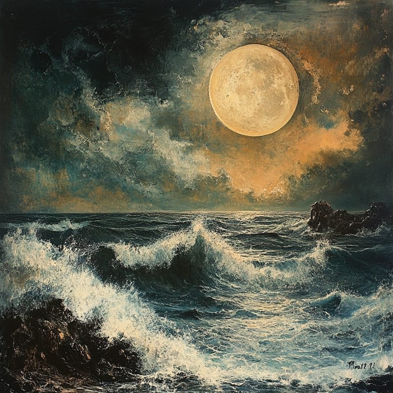 A large, luminous moon casts its glow over a turbulent sea, with crashing waves and dark clouds swirling across the night sky.