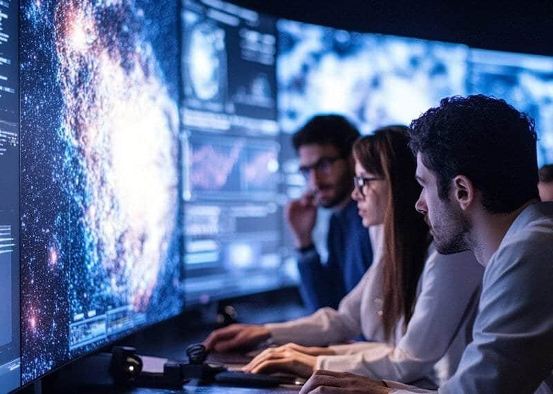 Three people analyze galaxy images on large monitors in a control room, each screen revealing the mysteries of dark energy as they delve into the cosmic wonders.