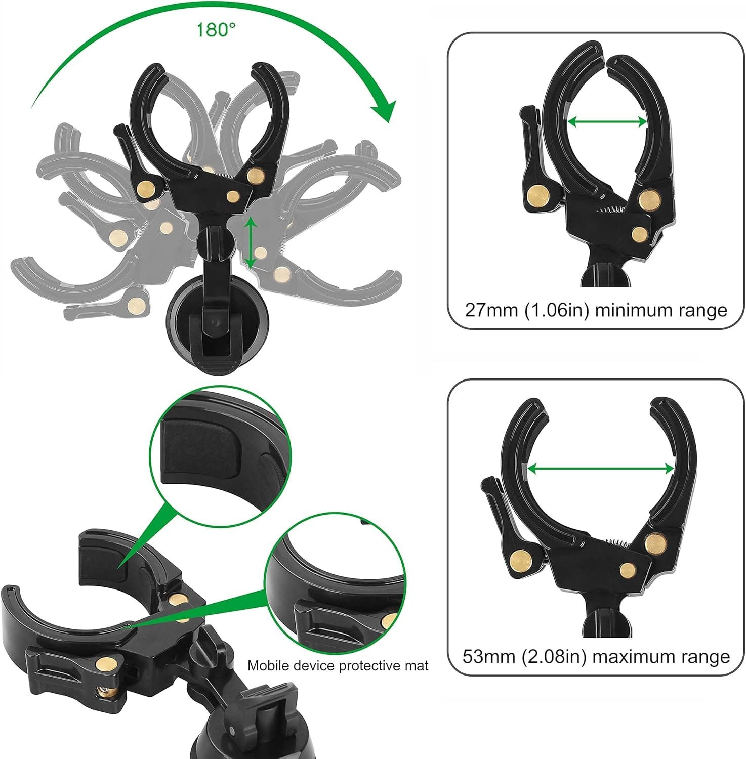 Phone holder with adjustable clamp rotating 180 degrees. Fits devices 27mm (1.06in) to 53mm (2.08in) wide. Includes a protective mat for mobile devices.