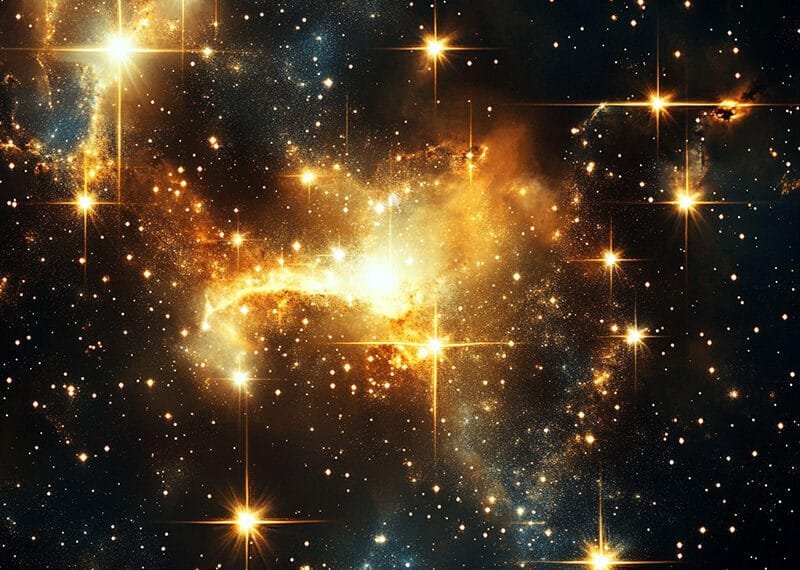 A starry night sky with bright, golden stars and nebulous clouds creating a vibrant cosmic scene.