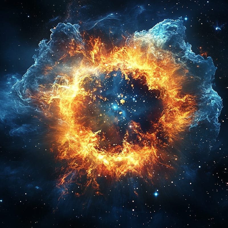 A vibrant depiction of a supernova, with bright orange and blue nebula clouds against a starry space background.