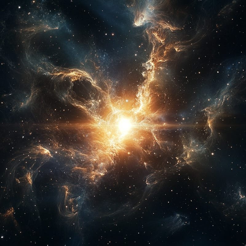 A bright star surrounded by swirling clouds of gas and dust in a vast, dark space scene.