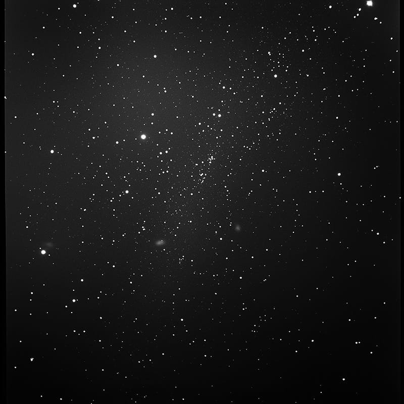 Black and white image of a star-filled night sky, showing numerous stars scattered across the frame.