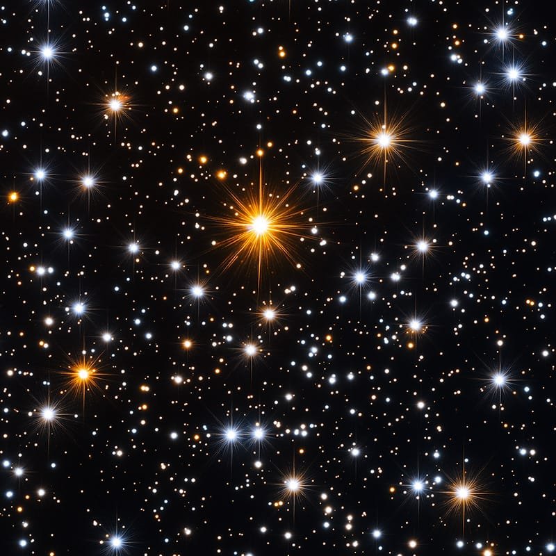 A star-filled sky with numerous stars of varying sizes and colors, set against a dark background. Some stars are bright orange, while others appear white or bluish.