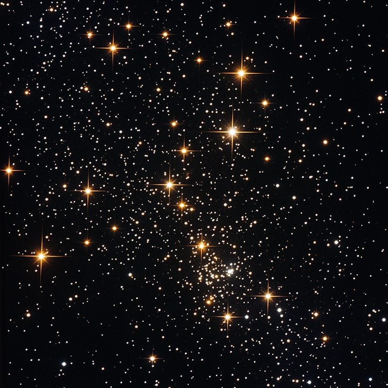 A dense cluster of bright stars scattered across a dark sky, showcasing varying intensities and colors.