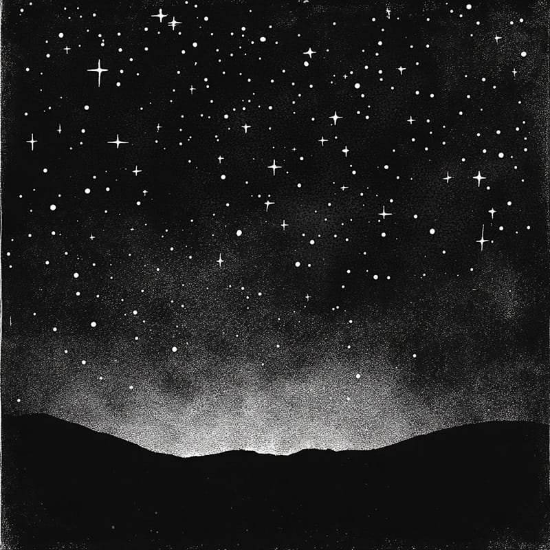 Illustration of a star-filled night sky above a dark, silhouetted landscape.