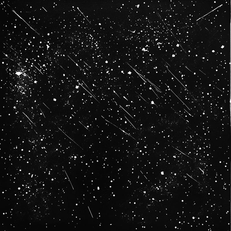 A black canvas speckled with white dots and streaks, resembling stars and meteors in a night sky.