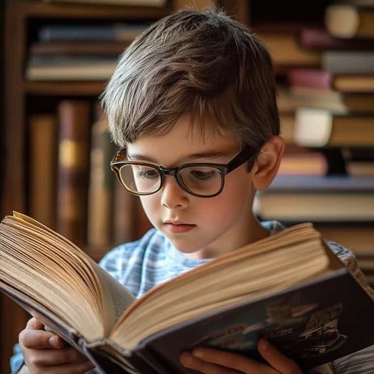 A young boy wearing glasses is intently reading a STEM book in a room filled with books.