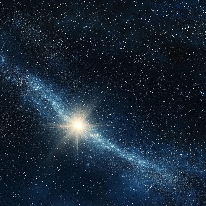 A bright star shines in a dense field of stars against a dark space backdrop, with a glowing nebula-like band crossing diagonally, as if highlighting the smallest star in the universe hidden among its celestial companions.