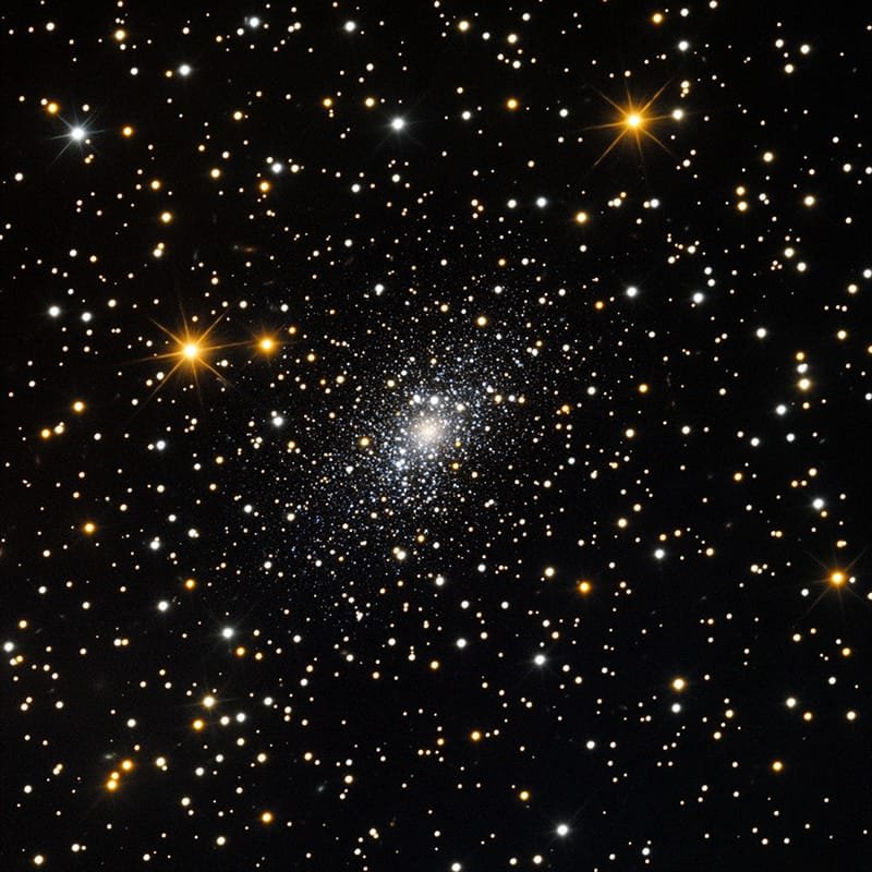 A bright star cluster, shimmering against the black space background, is surrounded by various stars, including the smallest star in the universe.