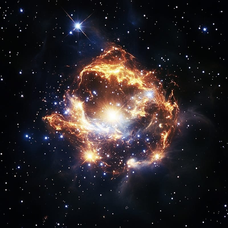 A bright nebula with glowing, golden filaments and stars nestled across a dark space background, where even the smallest star in the universe finds its place among cosmic wonders.