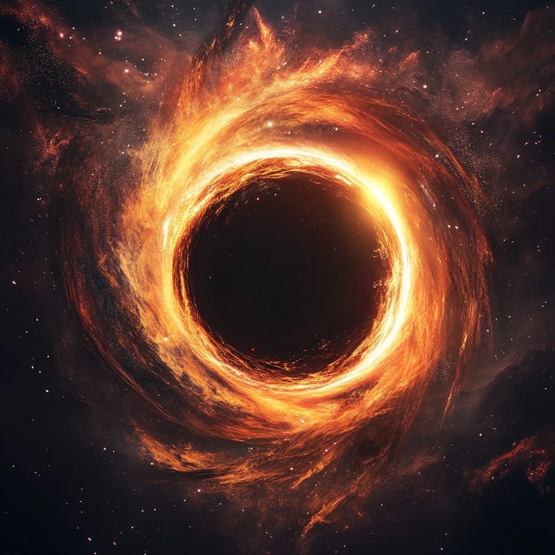 A glowing, fiery ring encircles a shadowy core, reminiscent of an artistic depiction of a black hole in the cosmic abyss.