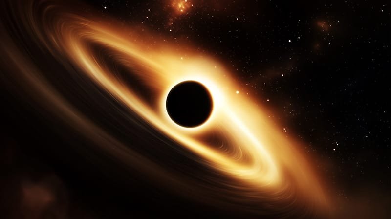 A mesmerizing artistic depiction of a black hole, featuring swirling light and a glowing accretion disk against the backdrop of a starry night.