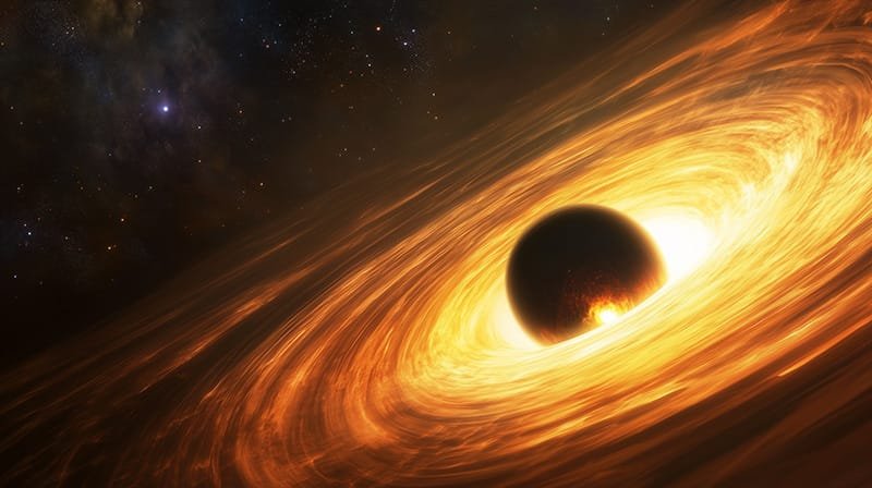 A mesmerizing illustration captures a black hole with a glowing orange accretion disk, set against a star-filled cosmic backdrop.