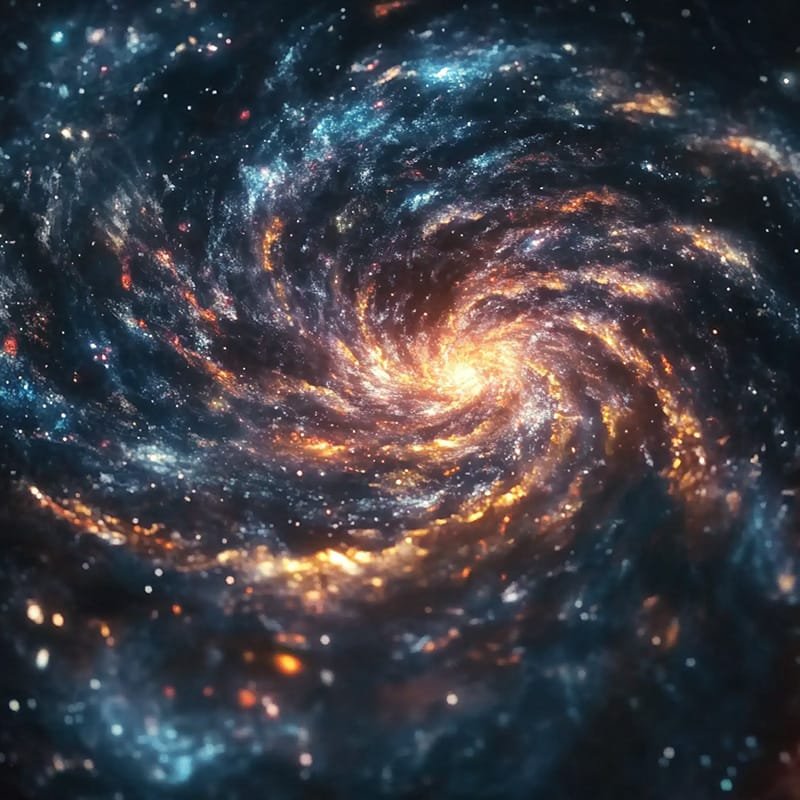 A bright spiral galaxy, with glowing orange and blue hues, captivates the eye against a dark, star-speckled background.