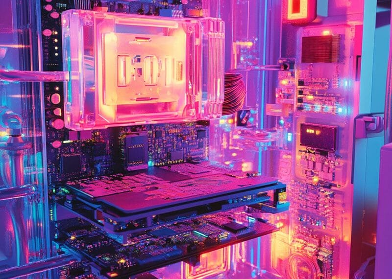 A high-tech computer motherboard, vivid with pink and purple LED lights, showcases intricate circuitry and components, resembling a stunning computer simulation in action.