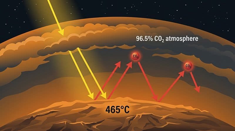 Diagram showing sunlight entering Venus’s thick CO₂ atmosphere, with heat trapped and reflected back to Venus’s surface, resulting in a temperature of 465°C.