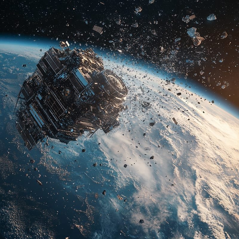 A large metallic object breaking apart in space, surrounded by debris, with Earth visible in the background.