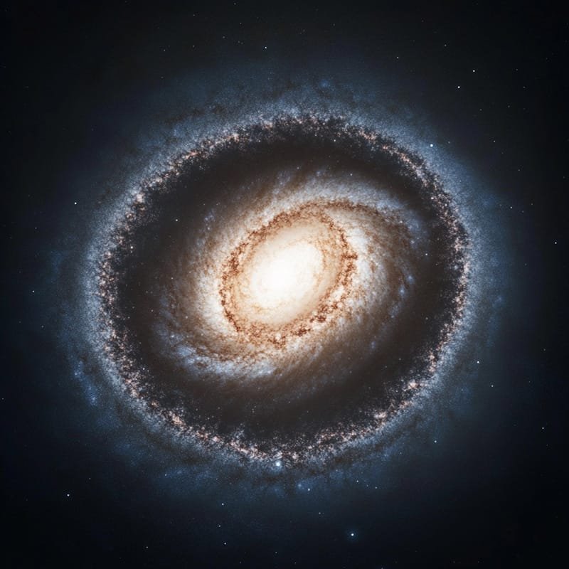 A spiral galaxy with a bright central core and swirling arms, accompanied by the distant trail of Voyager 1, surrounded by a dim halo, set against a dark space background speckled with stars.