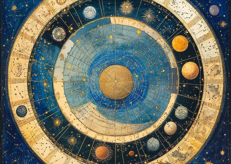 Illustration of a celestial map with concentric circles depicting zodiac signs, planets, and stars against a starry background, capturing the essence of astrology vs astronomy in its intricate design.